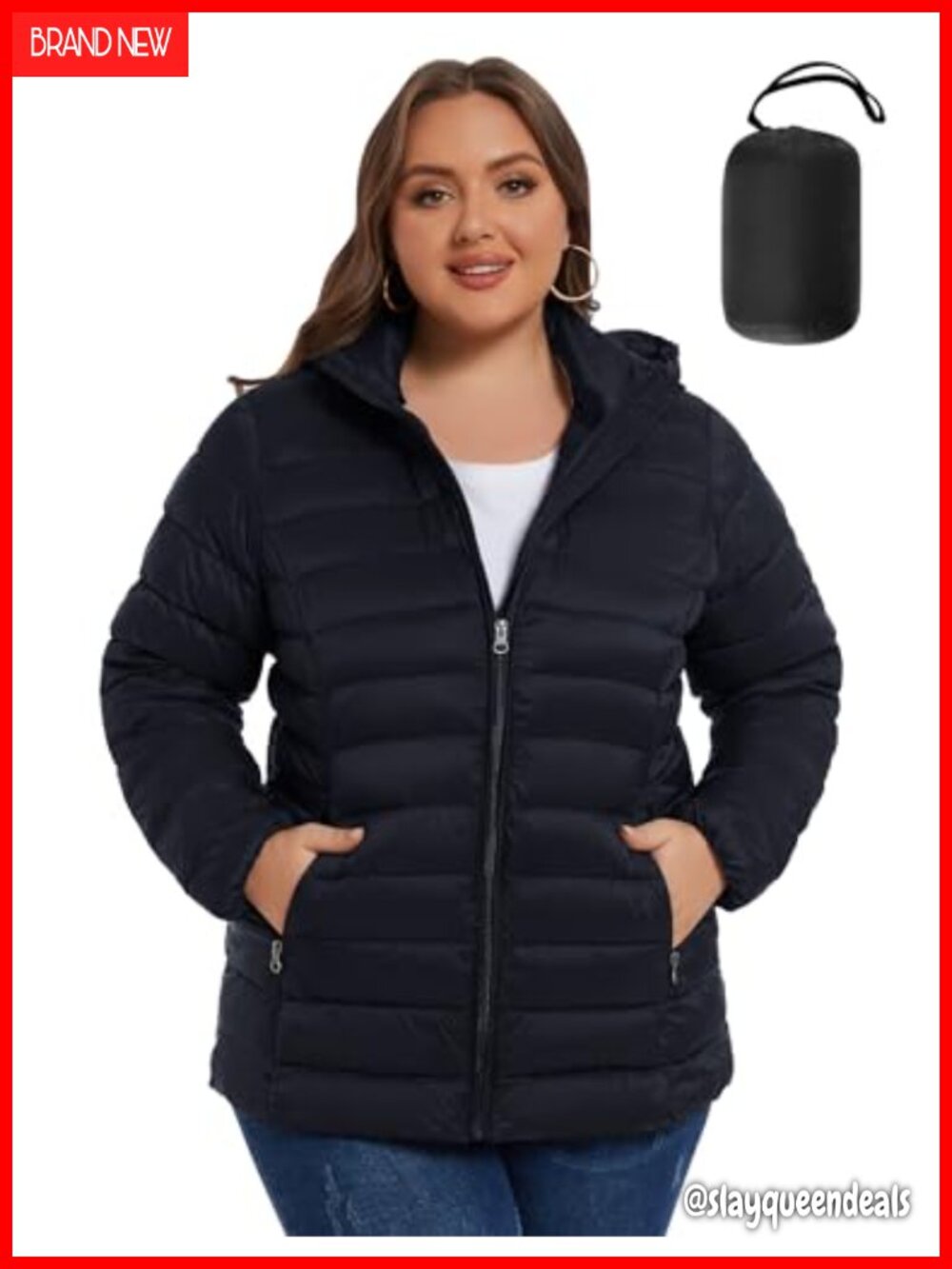 Plus Size Packable Puffer Coat, Lightweight Winter Jacket with Hood